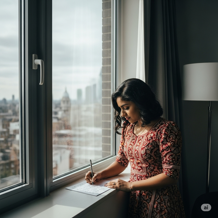 Sri Lankan girl writes an artical by London window